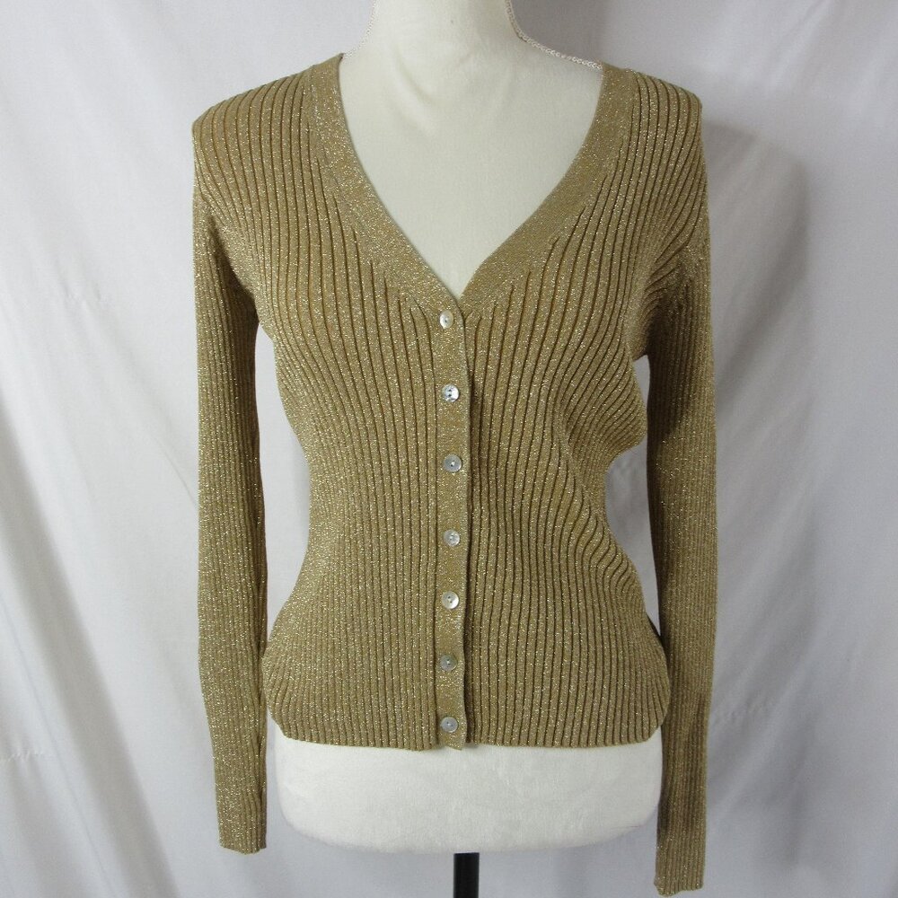 Joseph A. V Cardigan Sweater Gold Metallic Vintage Button Up Size Small